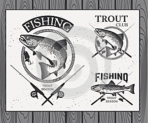 Vintage trout fishing emblems, labels and design