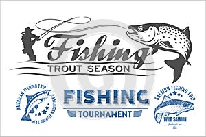 Vintage trout fishing emblems, labels and design elements