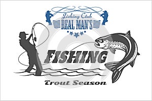 Vintage trout fishing emblems, labels and design elements