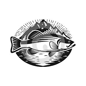 Bass fish with mountain logo template