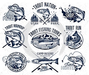 Vintage trout fishing emblems photo