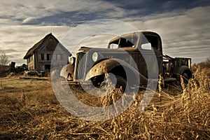 A vintage truck, entwined with grass, stands amidst the remnants of old farm structures