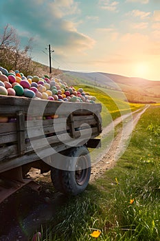 Vintage truck full of colorful Easter eggs on a meadow.