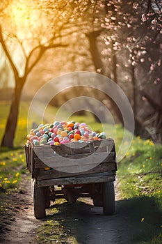Vintage truck full of colorful Easter eggs on a meadow with grass.