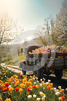 Vintage truck full of colorful Easter eggs on a meadow with grass and spring flowers.