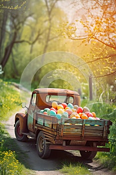 Vintage truck full of colorful Easter eggs on a meadow with grass and spring flowers.