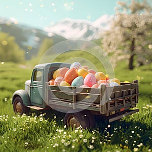 Vintage truck full of colorful Easter eggs on a meadow with grass and spring flowers.