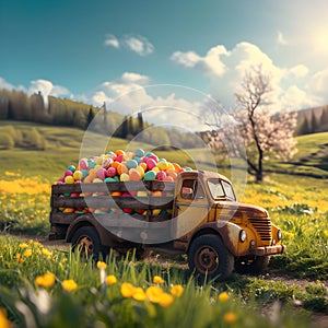 Vintage truck full of colorful Easter eggs on a meadow with grass and spring flowers.