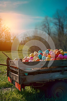 Vintage truck full of colorful Easter eggs on a meadow with grass and spring flowers.