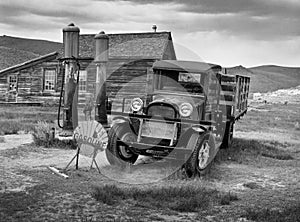 Vintage truck and gas pumps in Bodie ghost town