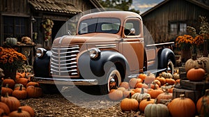 Vintage truck surrounded by fall pumpkins in an Autumn barn country setting - generative AI