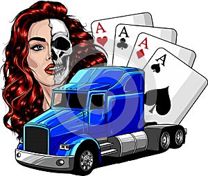 Vintage Truck with woman and poker aces. vector illustration on white background. digital hand draw