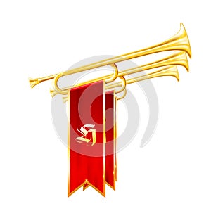 Vintage trumpets or bugles with flags - fanfare of triumph