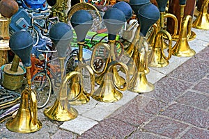 Vintage trumpets at the flea market near Monastiraki