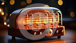 Vintage tube amplifier glowing warmly on a dark background. World Radio Day