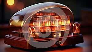 Vintage tube amplifier glowing warmly on a dark background. World Radio Day