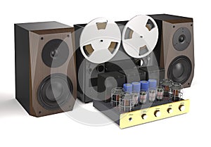 Vintage tube amplifier, reel tape recorder and loudspeakers 3d