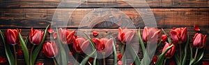 Vintage Tulip Border Frame on Wooden Background - Spring/Summer Flower Blossom in Vintage Colors