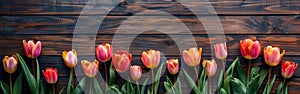 Vintage Tulip Border Frame on Wooden Background - Spring/Summer Flower Blossom in Vintage Colors