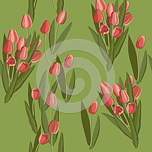 Vintage tulip seamless pattern of bright flowers and leaves. Vector.