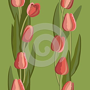 Vintage tulip seamless pattern of bright flowers and leaves. Vector.