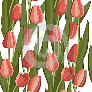 Vintage tulip seamless pattern of bright flowers and leaves. Vector.