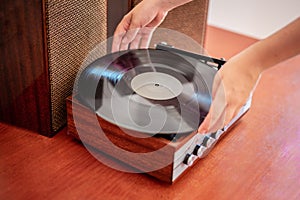 Vintage turntable made of wood