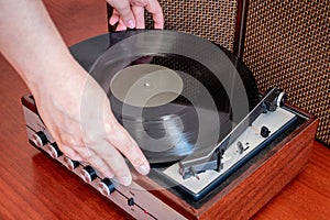 Vintage turntable made of wood