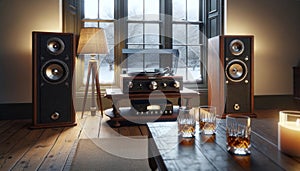 Vintage Turntable Tower Speakers Retro Hi-FI Stereo Component AI Generated Home Interior