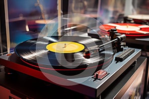 Vintage turntable with vinyl disk retro sound technology. Generative AI