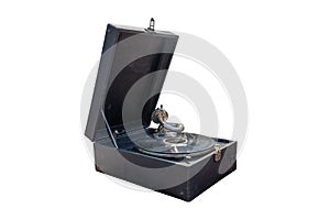 Vintage turntable vinyl record player isolated on white background