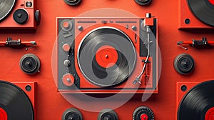 Vintage Turntable with Vinyl Records on a Red Background, Classic DJ Equipment, Music Entertainment Theme