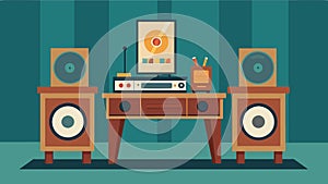 A vintage turntable on a wooden console table surrounded by highquality speakers. Vector illustration. photo