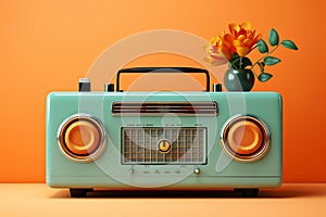 A vintage turquoise-colored radio set against a vibrant orange background, Generative Ai