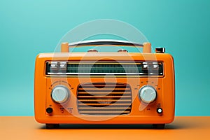 A vintage turquoise-colored radio set against a vibrant orange background, Generative Ai