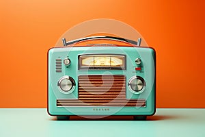 A vintage turquoise-colored radio set against a vibrant orange background, Generative Ai