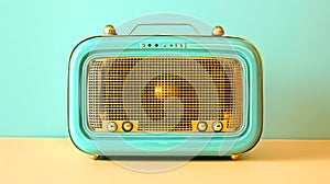 Vintage turquoise radio on a pastel yellow background. Nostalgic retro technology. Perfect for decor and design themes