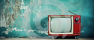 Vintage TV Set Against Turquoise Paint Peeling Wall, Classic 1960s Entertainment Style