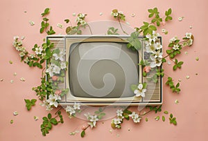 Vintage TV set with flowers growing against pastel peach background.