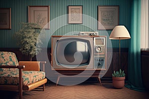 Vintage tv standing on a wooden cabinet next to a comfy couch in a stylish day room interior. Generative AI