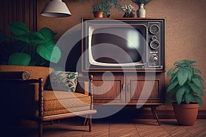 Vintage tv standing on a wooden cabinet next to a comfy couch in a stylish day room interior. Generative AI