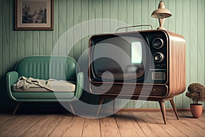 Vintage tv standing on a wooden cabinet next to a comfy couch in a stylish day room interior. Generative AI