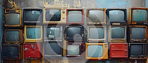 Vintage TV Wall - Timeless Broadcast Memories. Concept Vintage Decor, Nostalgic Interiors, Retro