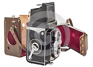 Vintage Twin Lens Reflex Camera With Detached Brown Leather Casing Isolated On White Background