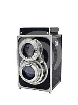 Vintage twin lens reflex photo camera. Old two lens medium format film camera, isolated on white background with clipping path