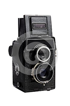 Vintage two-lens medium format film camera on a white background