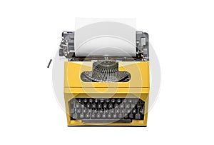 Vintage typewriter with a blank white sheet of paper isolated