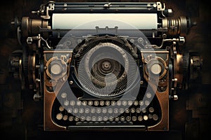 Vintage typewriter on a dark wooden background. 3d illustration, Vintage typewriter header with old paper. retro machine