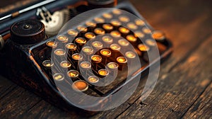 Vintage Typewriter with Glowing Keys on Wooden Desk Close-Up photo