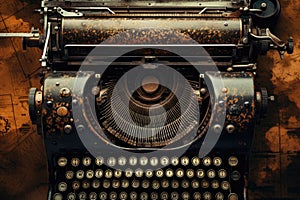 Vintage typewriter on a grunge background. Retro style, Vintage typewriter header with old paper. retro machine technology - top